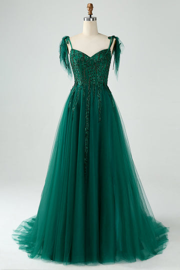 Mørkegrøn A-Line Spaghetti Straps Tulle Lang Prom Kjole med perler